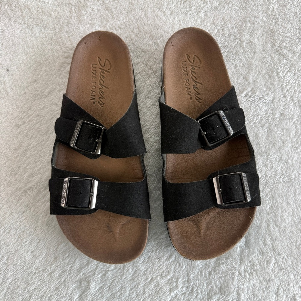 Skechers Luxe Foam Double Strap Slide Sandals Womens Size 6 Black Buckle Casual - Picture 7 of 15